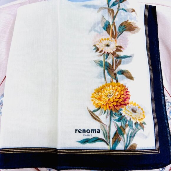 New Set of 2 RENOMA Paris Handkerchief , coton 17" Gray Beige Pink  Floral (35) - Picture 5 of 7